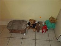 STUFFED ANIMALS AND BASKET OF TOYS