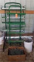 2 GREEN WIRE RACKS AND BUCKET AND BOX OF HANGERS