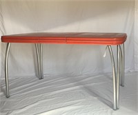 RED ANTIQUE METAL FOLDING TABLE AND 4 CHAIRS