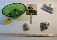 GREEN GLASS DISH, MARBLES, OLD HAND FAN, AND BUTTH