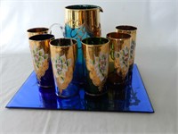 VINTAGE BLUE FLOWERED MIRROR, PITCHER & GLASSES