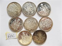 8 Canadian Silver Half Dollars  -50 cent coins