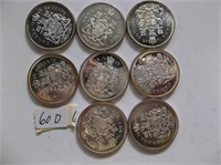 8 Silver  50 cent coins -HALF Dollars