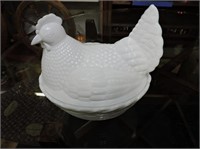 Milk Glass Hen In Nest 8"T