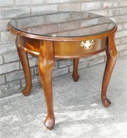 Small Round Wood Side Table with Glass Top