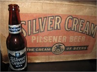 Vtg Silver Cream Beer Case & 12 Assorted Bottles
