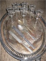 Silver Tray & Utensils, 6 Etched Crystal Cordials