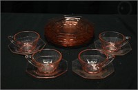 (4) CRANBERRY GLASS TEA CUPS & SAUCERS SET