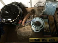 Cookie jar, ash trays, pencils,glass box,sad iron
