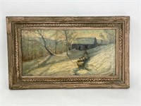 Signed Oil Painting - Winter Scene w/ Sheep