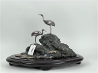 Bronze Sculpture w/ Silver Herons & Turtle