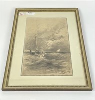Graphite Drawing of Sailboat at Sea