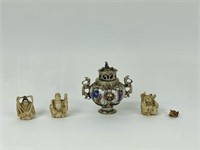 Asian Incence Burner & 4 Contemporary Carvings