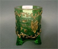 U.S. Glass Green/Gold Bohemian Tooothpick Holder
