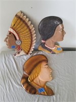 2 Aluminum Indian Heads & Other Head Wall Decor