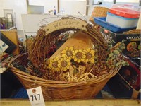 BASKET WITH WREATHS, WELCOME SIGN, & PAINTED SAW
