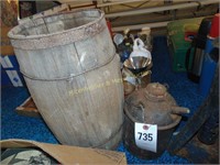 WOODEN NAIL KEG AND SMALL GAS CAN