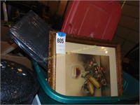 PLASTIC TOTE WITH LID, PICTURE, FULL OF MISC