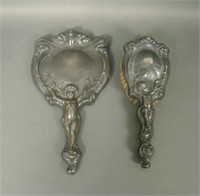 Art Noveau Silver Plate Hand Mirror & Brush