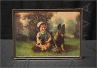 ANTIQUE LITHO Boy with Dogs Print 15x10"