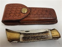 Browning USA knife in leather case, stag handle