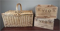 Empty Wooden Wine Boxes and *New* Picnic Basket