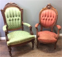 2 ANTIQUE GREEN & RED ARM CHAIRS, SPINDLE A