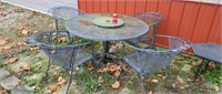 Steel mesh patio table with chairs an umbrella