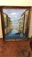Framed Art Large Oil On Canvas Water & Bridge