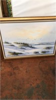 Framed Art Oil On Canvas Sea Shore & Birds