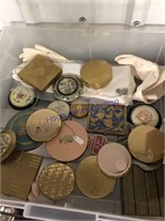 Old makeup compacts, ladies gloves
