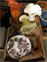 Glass basket, candy dish, painted pitcher, plate
