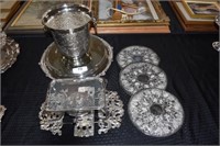 Silver Serving Dishes, Ice Bucket, Mirrored Tray,