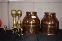 Pair Copper Jugs w/ Brass Fireplace Andirons