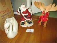 Ceramic Santa, Wooden Rudolph, and Goose
