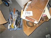 box lot of kitchen utensils and decorative items