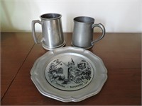 Vintage German Pewter Plate & Pair of Mugs