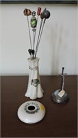 Vintage Porcelain & Silver Plate Hair Pin Stands