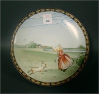 Signed Nippon Sunburst Girl & Dog 7 5/8" Plaque