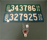 2 1920's Ohio  License Plates & Goodyear Reflector