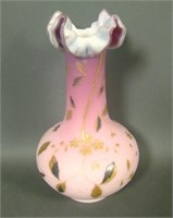 Victorian Pink Satin Glass Floral Decorated Vase