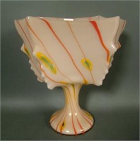 Signed Czech Pnk/Red Striped Decorated Lg Compote