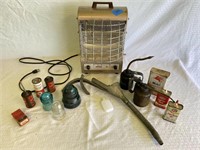 Vintage Space Heater and Garage Items