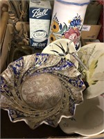 Zinc lids in box, brass items, fancy bowls,pitcher