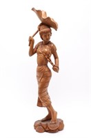 Asian Woman with Lotus Leaf Carved Wood Sculpture