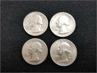 4 Washington Silver Quarters 1943D, 58D, 59D, 61D