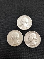 3 Washington Silver Quarters 1958 D & 1964 D