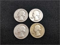 4 Washington Silver Quarters 1938-1941