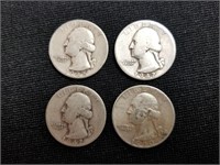 4 Washington Silver Quarters 1942-1950