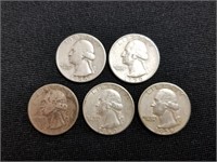 5 Washington Silver Quarters 1945-1960
